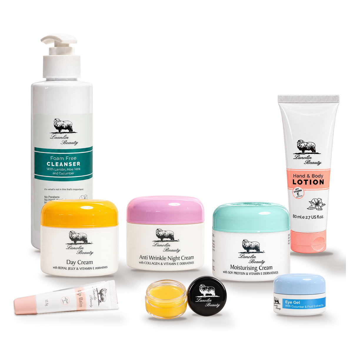 The Complete Collection: all eight Lanolin Beauty skincare products isolated on a transparent background.