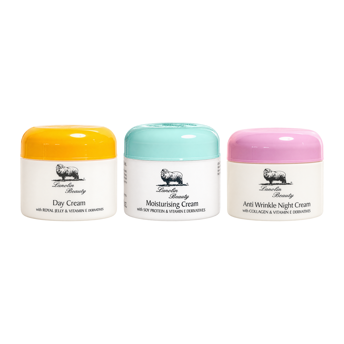 Everyday Trio: Day Cream, Moisturizing Cream and Anti-Wrinkle Night Cream on a transparent background