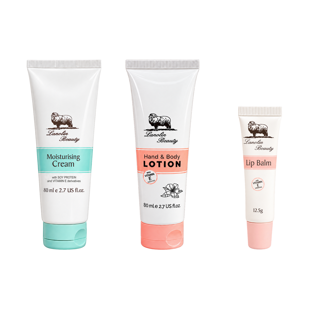 Starter Kit: Moisturizing Cream, Hand & Body Lotion and Lip Balm on a transparent background.