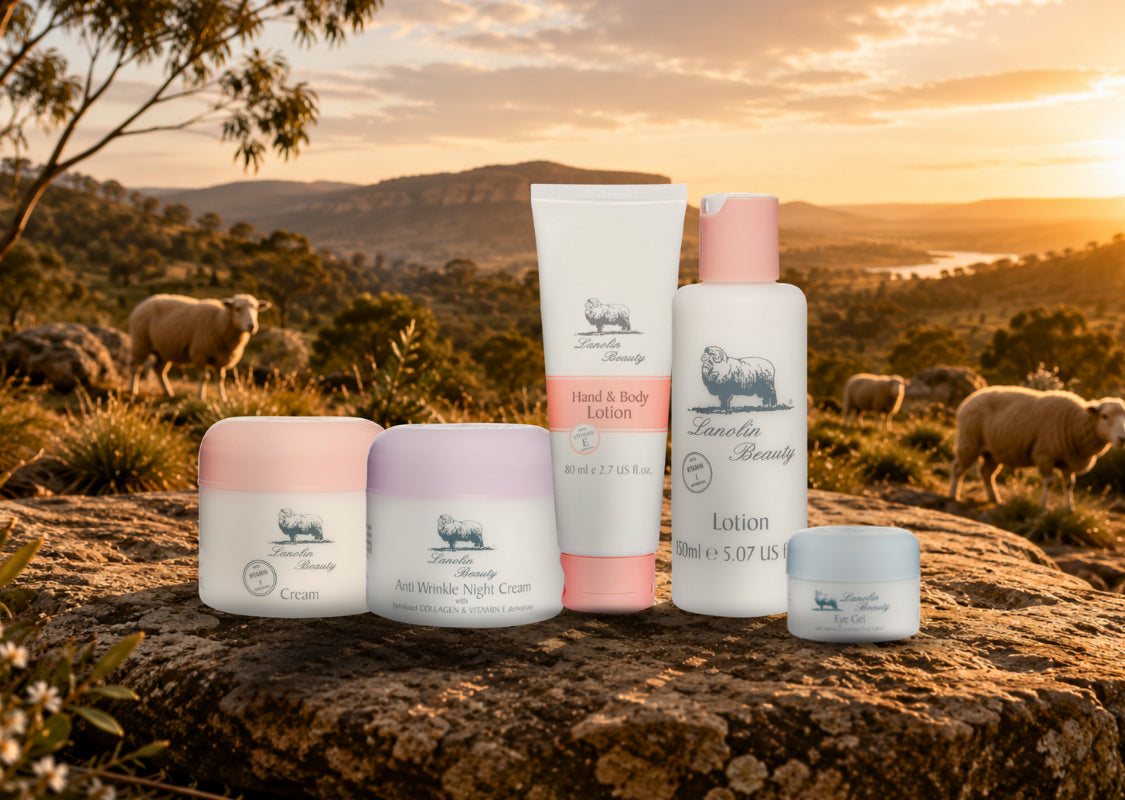 Lanolin Beauty products overlooking Australian countryside