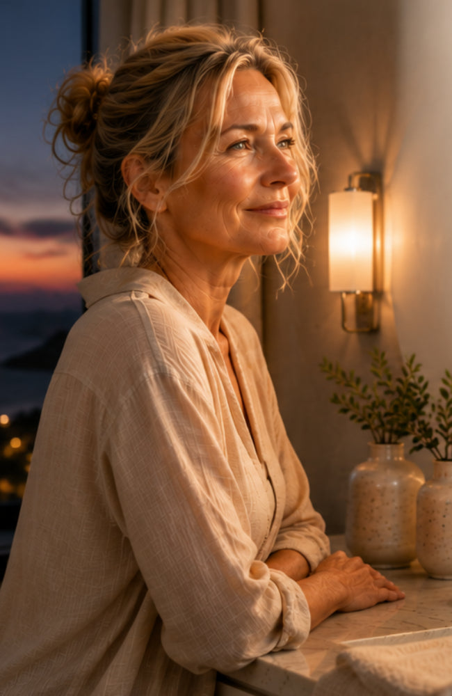 Woman beside a softly lit window in the evening