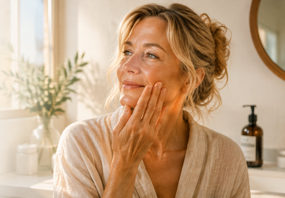 Woman gently applying skincare to her cheek