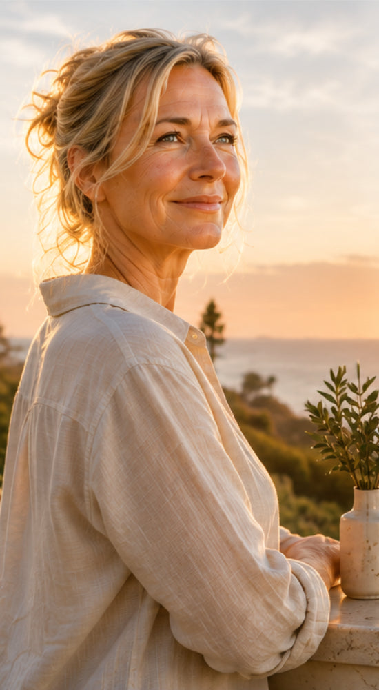 Woman beside a coastal window in the morning