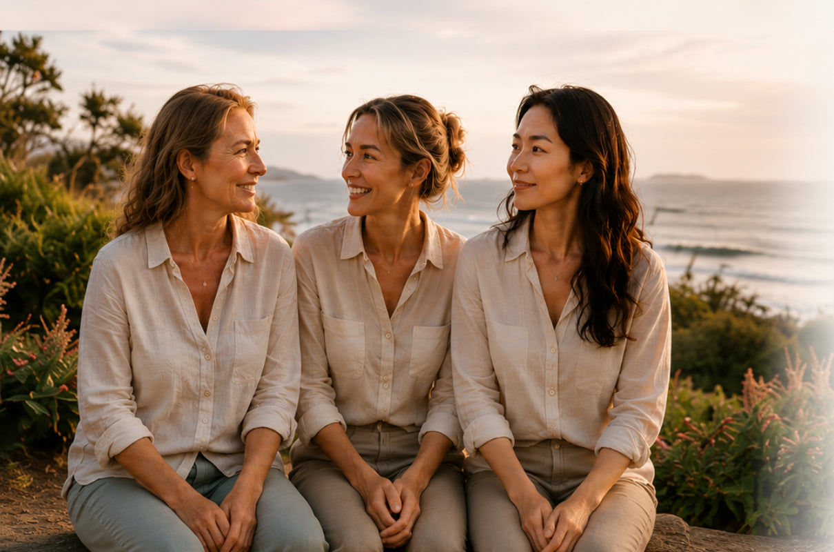 Three women enjoying time together by the coast