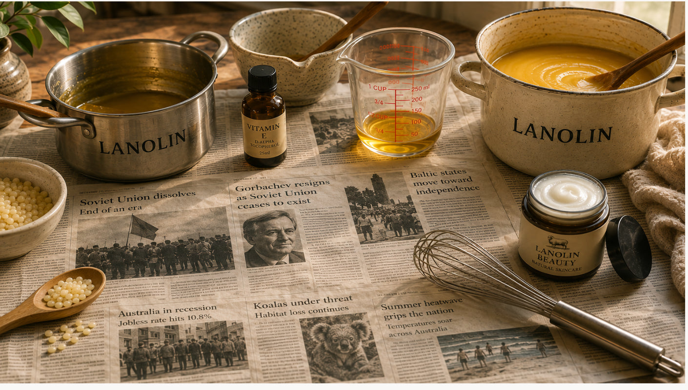 Lanolin and skincare ingredients on a workbench