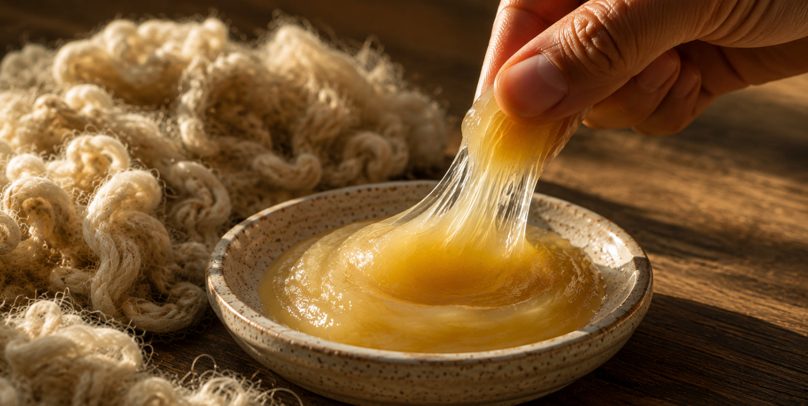 Golden lanolin beside sheep’s wool