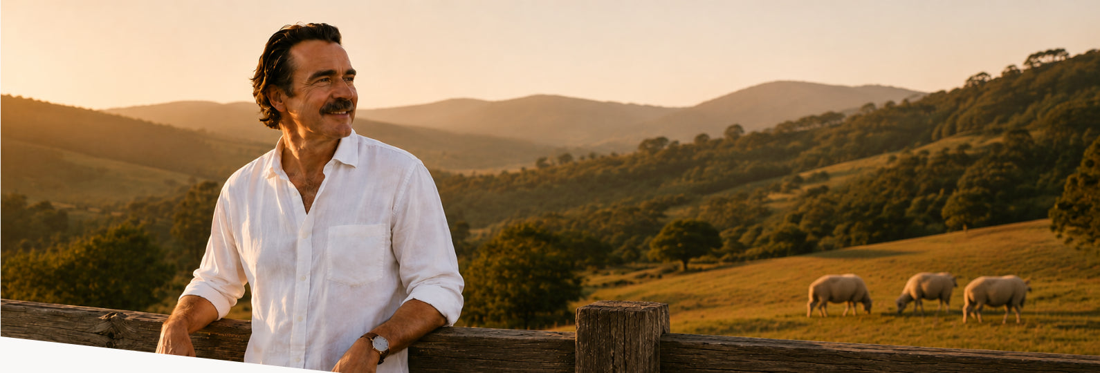 Roger Kirwan beside a fence overlooking sheep and countryside